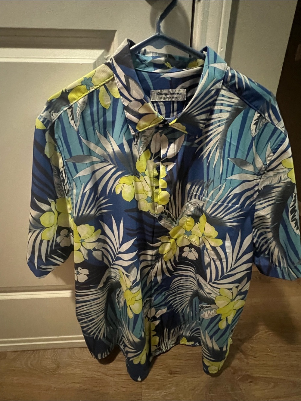 Tommy Bahama Blue Tropical Floral Camp Shirt with Yellow Accents